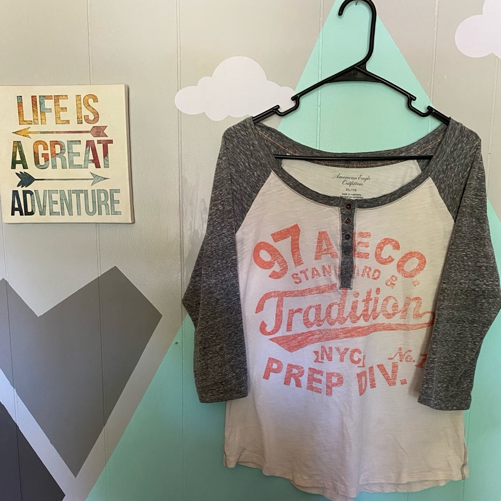American Eagle Outfitters Gray and Cream Raglan Crop Tee